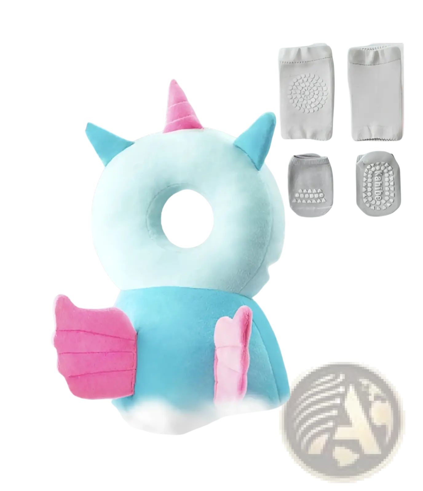Baby head protector anti fall plush backpack cushion in light blue with pink unicorn horns ears and wings
