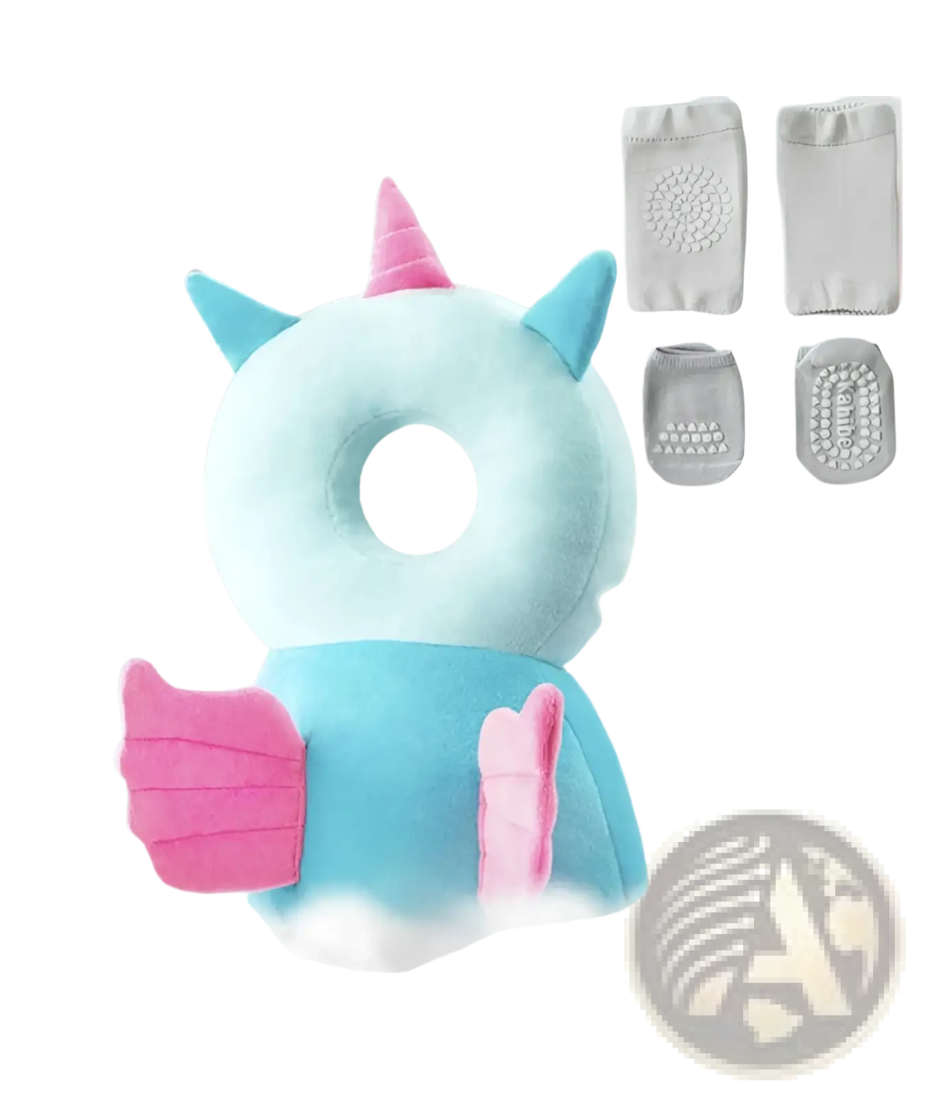 Light blue plush unicorn baby head protector cushion with pink horn wings and matching grip socks for fall safety