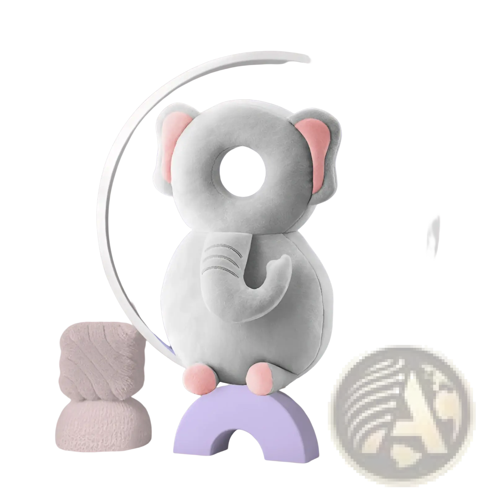 Soft gray plush elephant-shaped baby head protector anti fall cushion with pink inner ears and feet