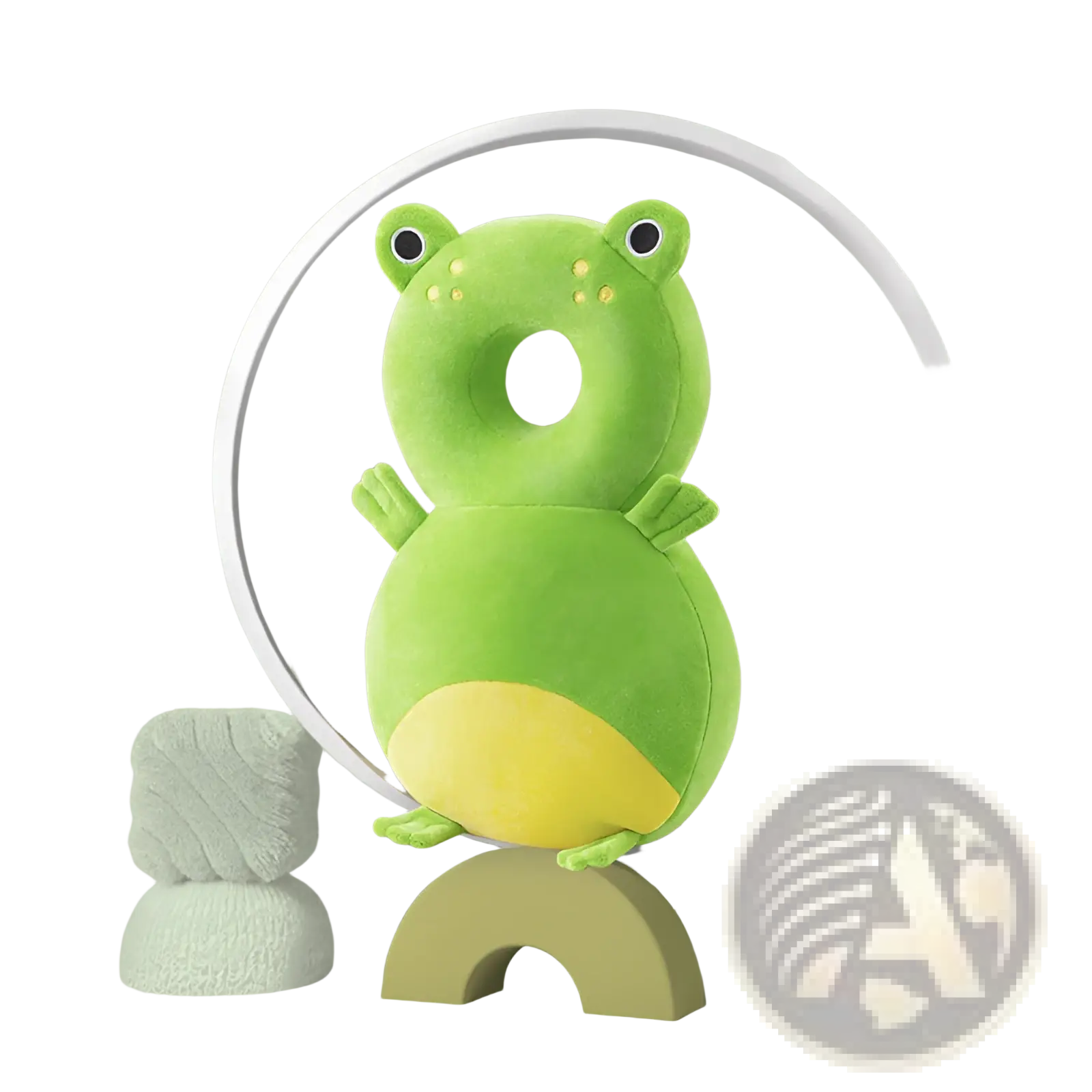 A plush green frog-shaped baby head protector anti fall backpack cushion with yellow belly and black eyes
