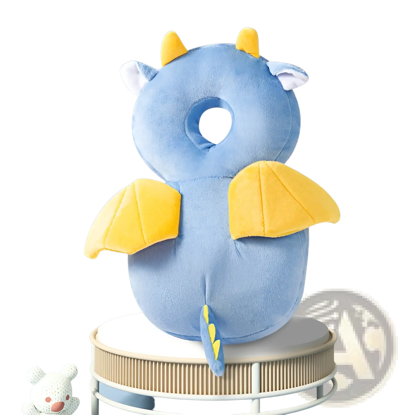 Blue plush dragon-shaped baby head protector anti fall backpack cushion with yellow horns wings and tail