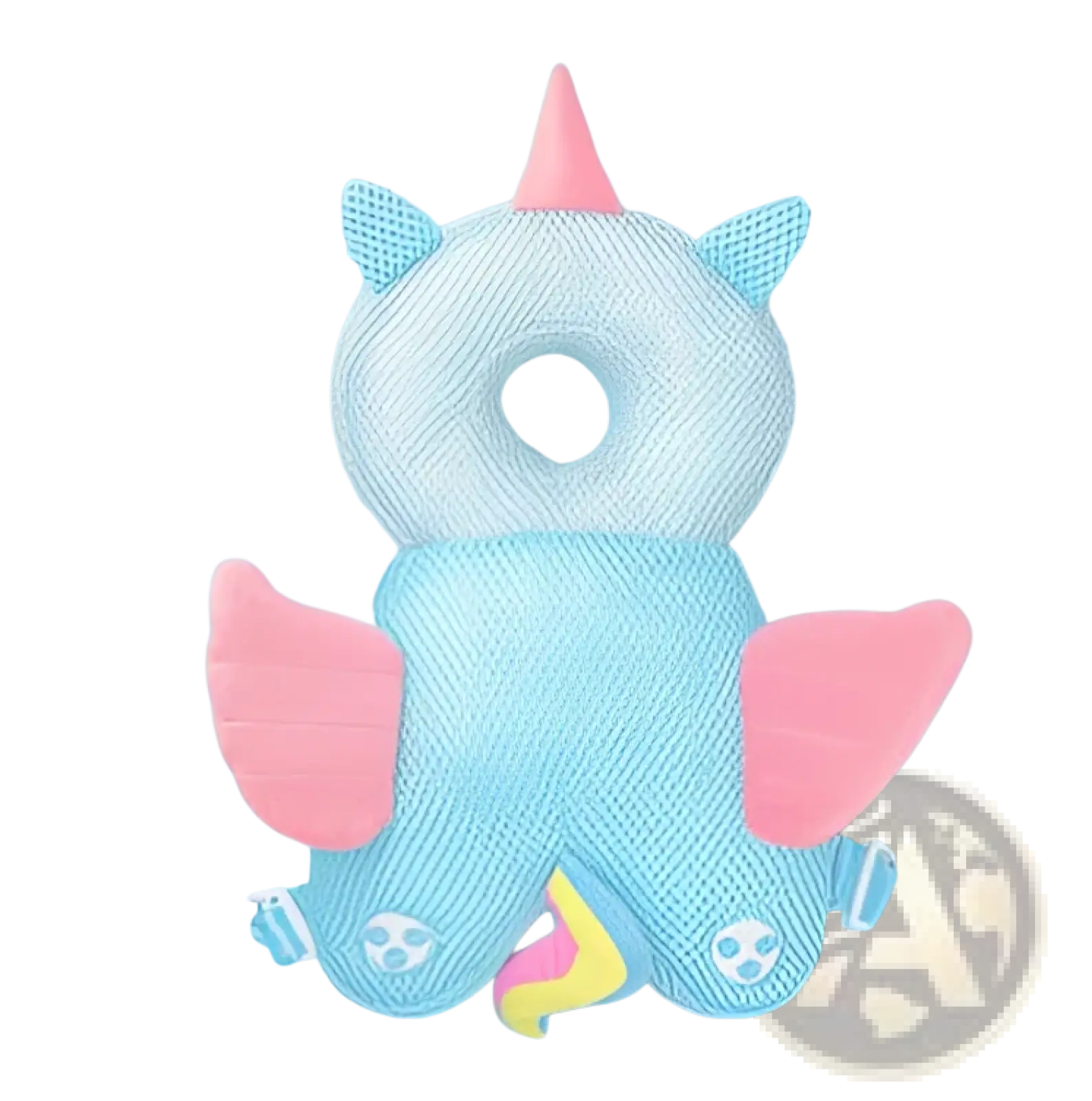 Baby head protector anti fall plush backpack cushion in soft light blue mesh with pink ears wings and pastel rainbow tail