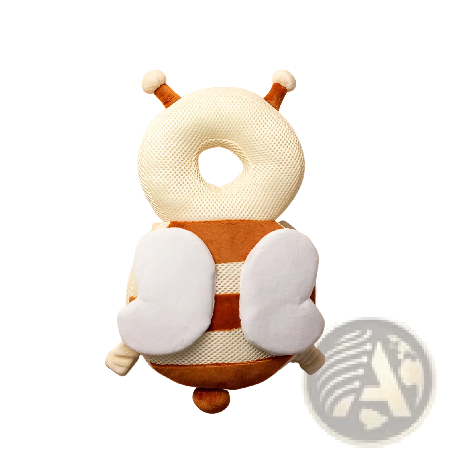 Cute beige and orange bee-shaped baby head protector pillow with white plush wings for anti fall support