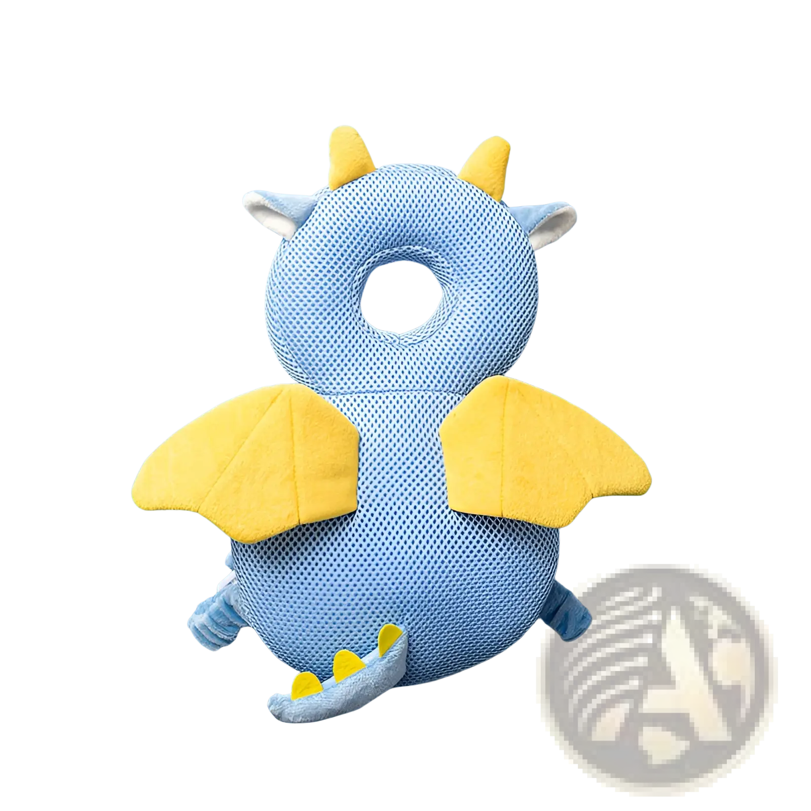 Blue dragon shaped plush baby head protector with yellow wings horns and tail spikes for anti fall safety