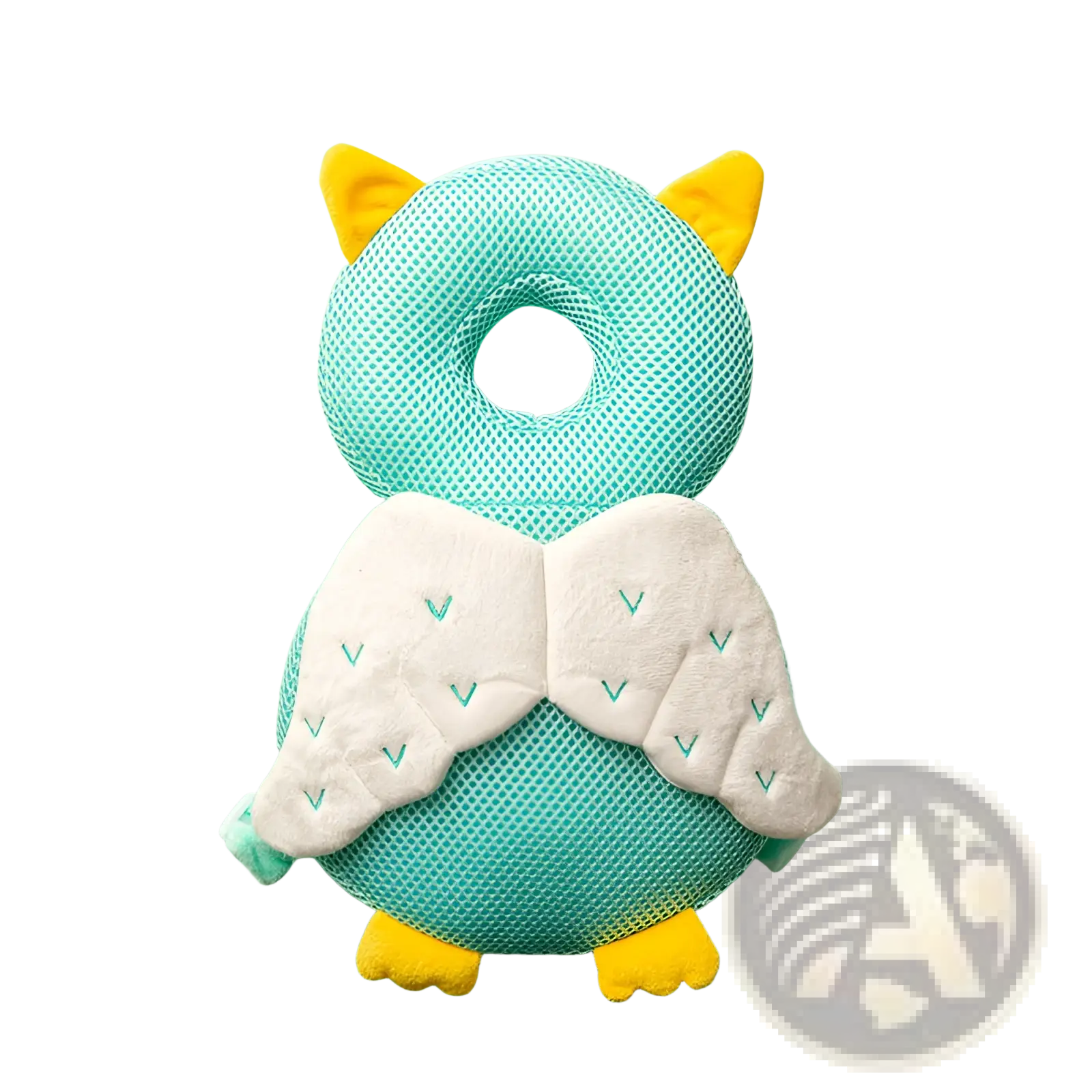 Soft teal mesh owl-shaped baby head protector with yellow ears and feet plush backpack cushion for anti fall safety