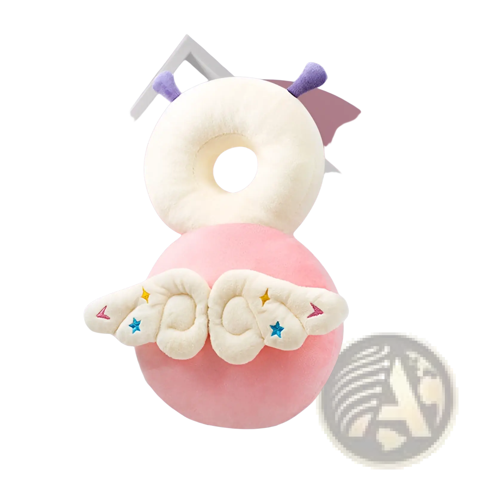 A plush cream-colored baby head protector anti fall neck pillow with purple antennae and embroidered star wings