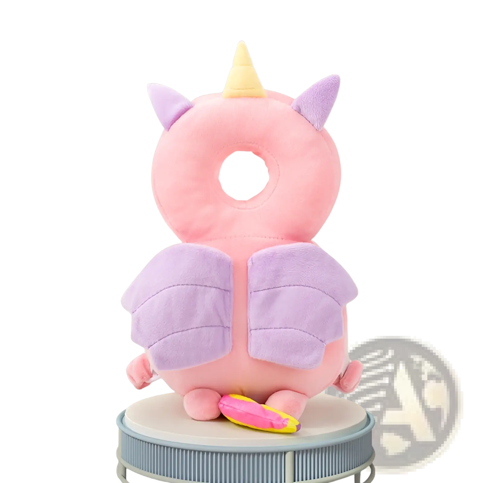 Pink plush unicorn-shaped baby head protector car seat back support with purple wings and yellow horn for anti fall safety
