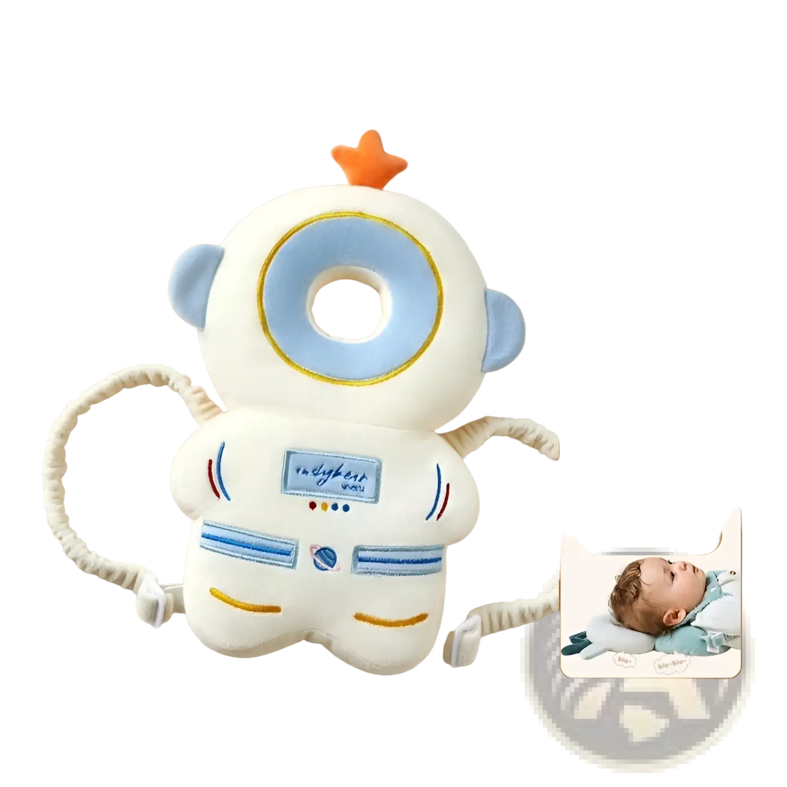 White and blue plush astronaut-shaped baby head protector with orange star headpiece for anti-fall cushion use