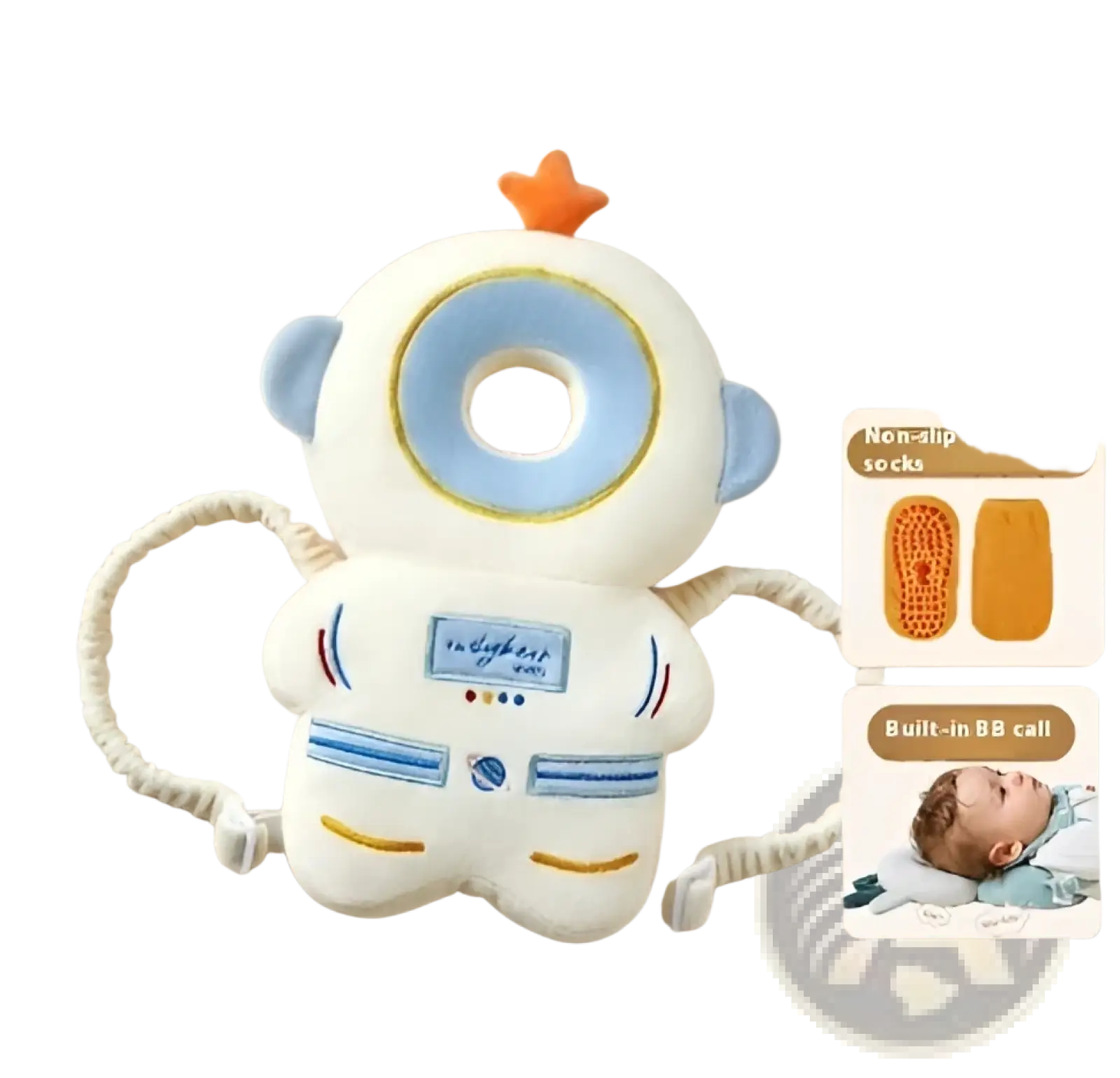 White plush astronaut-shaped baby head protector anti fall backpack cushion with blue accents and orange star headpiece
