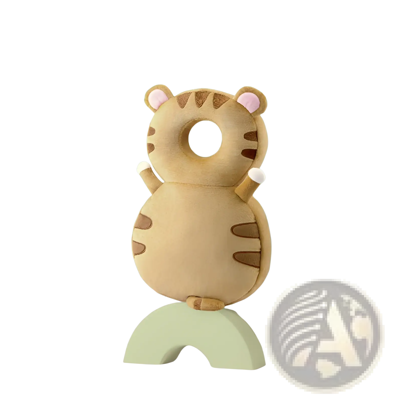 A plush tan tiger-shaped baby head protector backpack cushion with brown stripes and pink inner ears for anti fall safety