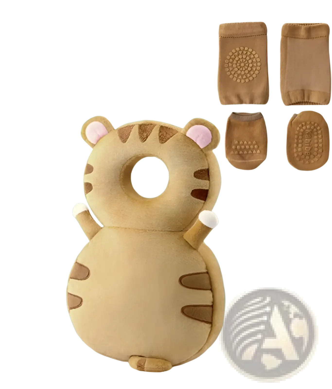 Tan plush tiger-shaped baby head protector anti fall backpack cushion with brown stripes and pink inner ears