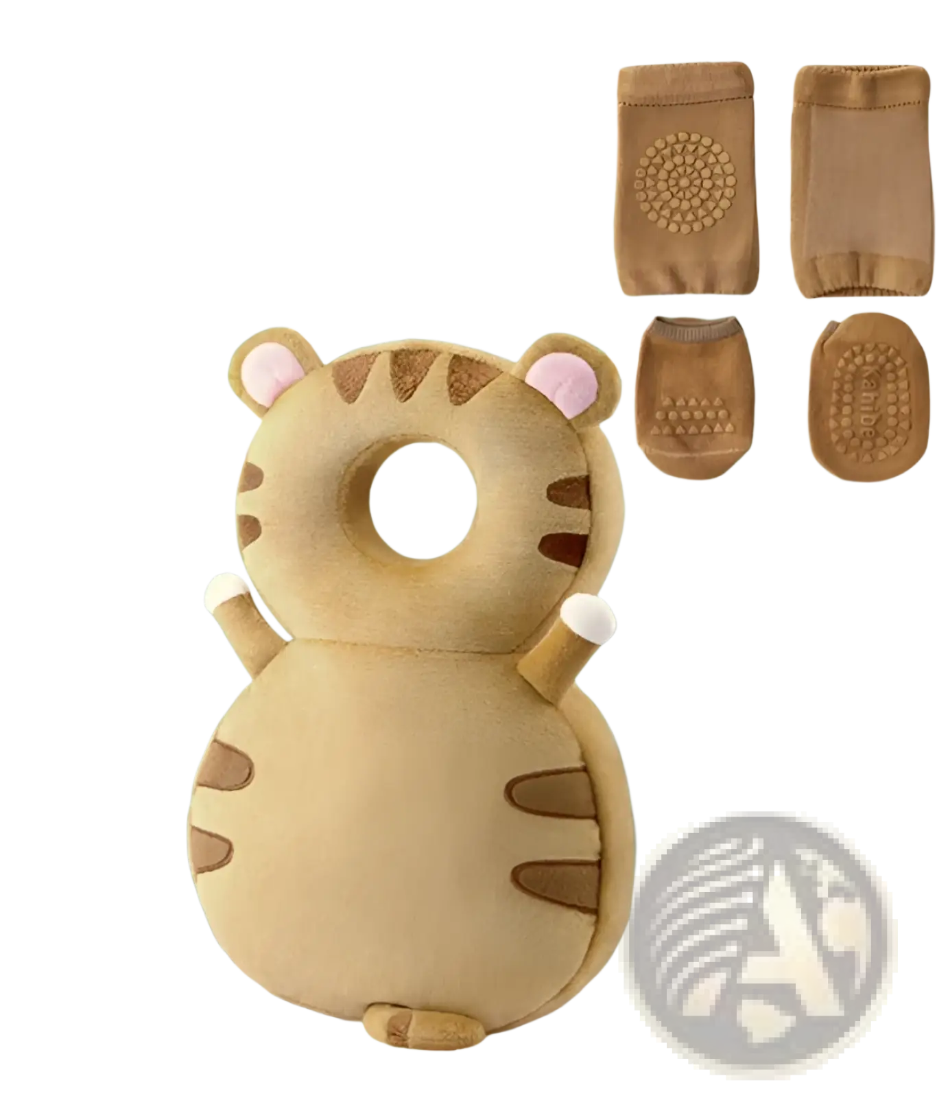 Tan plush tiger-shaped baby head protector with brown stripes soft rounded ears for anti fall safety cushioning