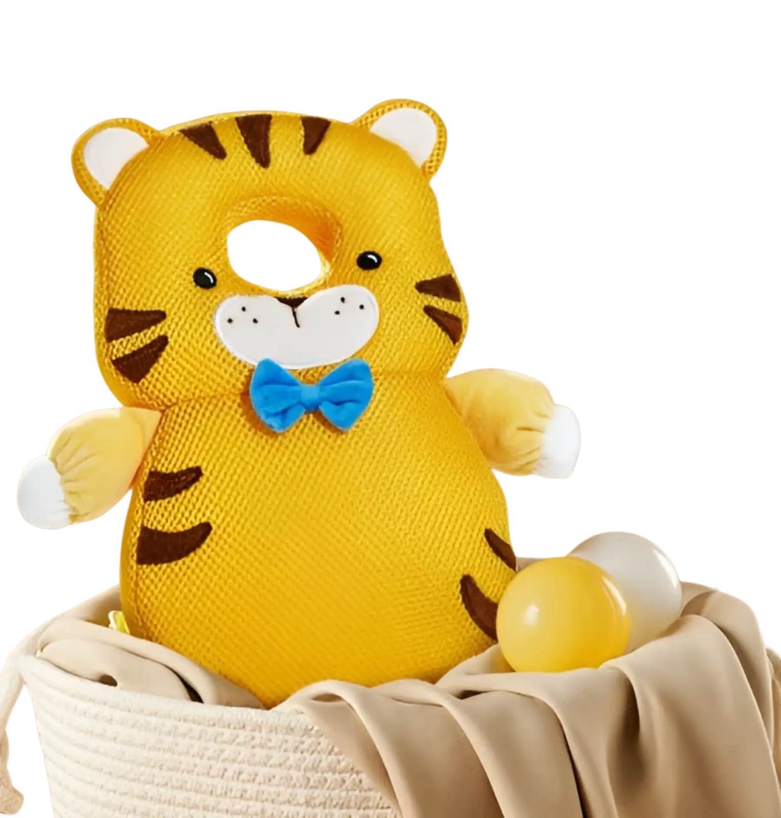 Yellow tiger-shaped baby head protector plush backpack cushion with brown stripes and a blue bow tie for anti fall safety