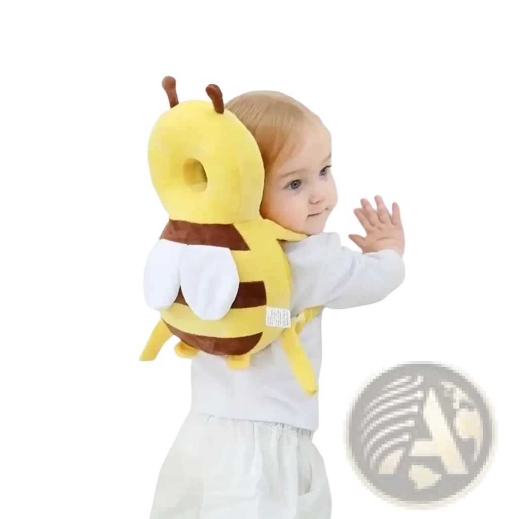 Yellow and brown plush bee-shaped baby head protector backpack with white wings for anti fall safety back support