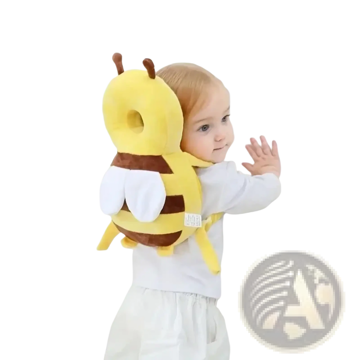 Yellow and brown plush bee-shaped baby head protector backpack with white wings for anti fall safety back support