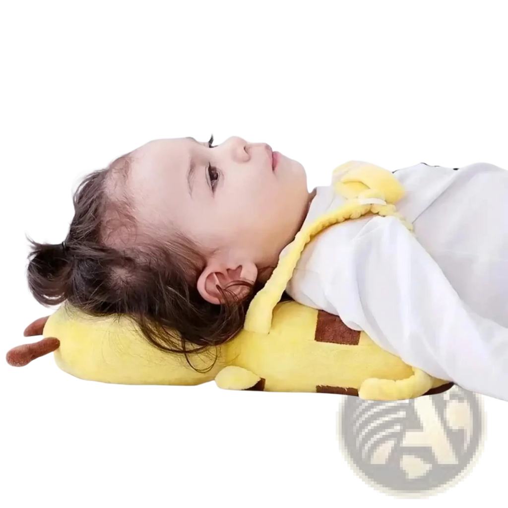 Yellow giraffe-shaped plush neck pillow with brown spots made of soft fabric for baby head protector bee backpack safety use