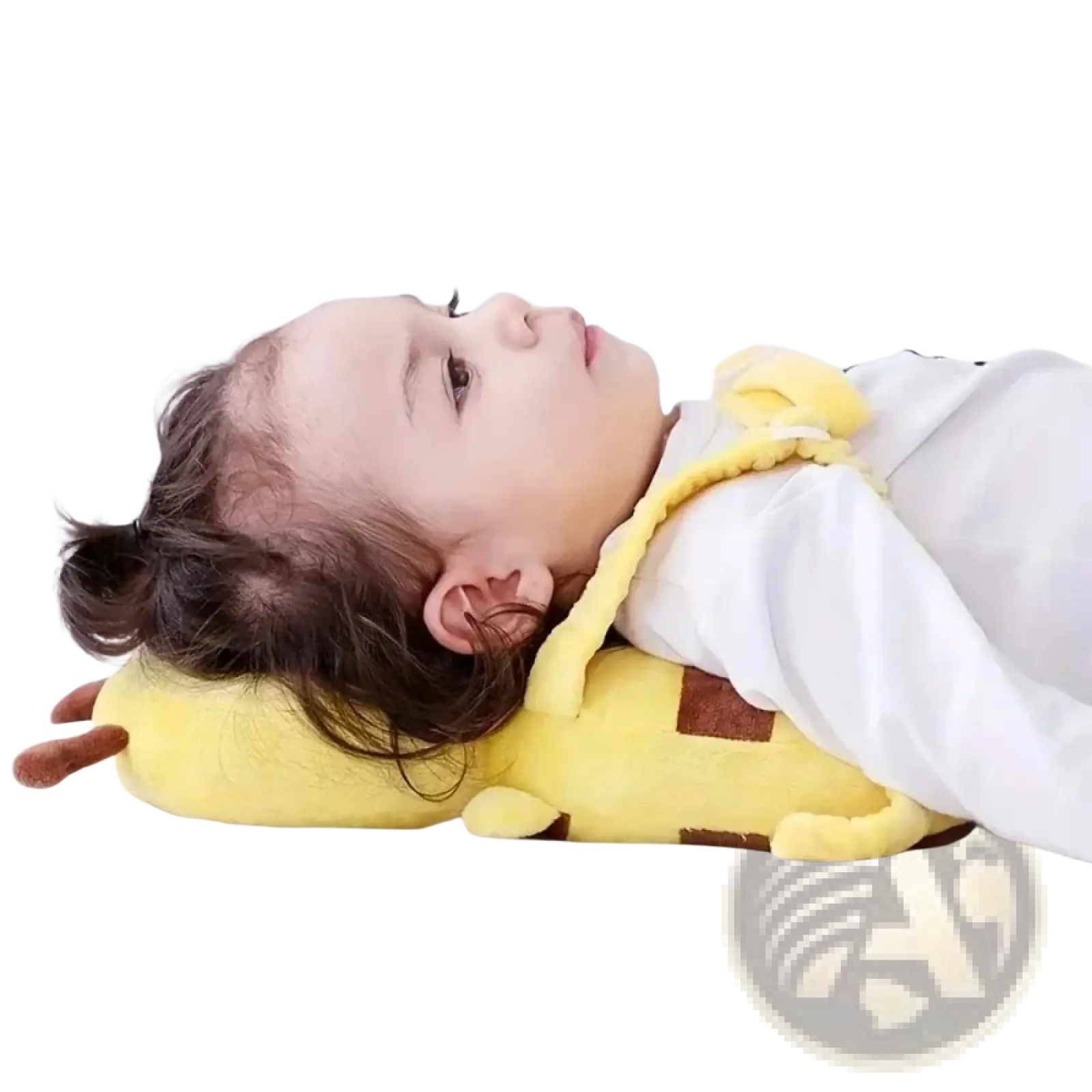 Yellow giraffe-shaped plush neck pillow with brown spots made of soft fabric for baby head protector bee backpack safety use