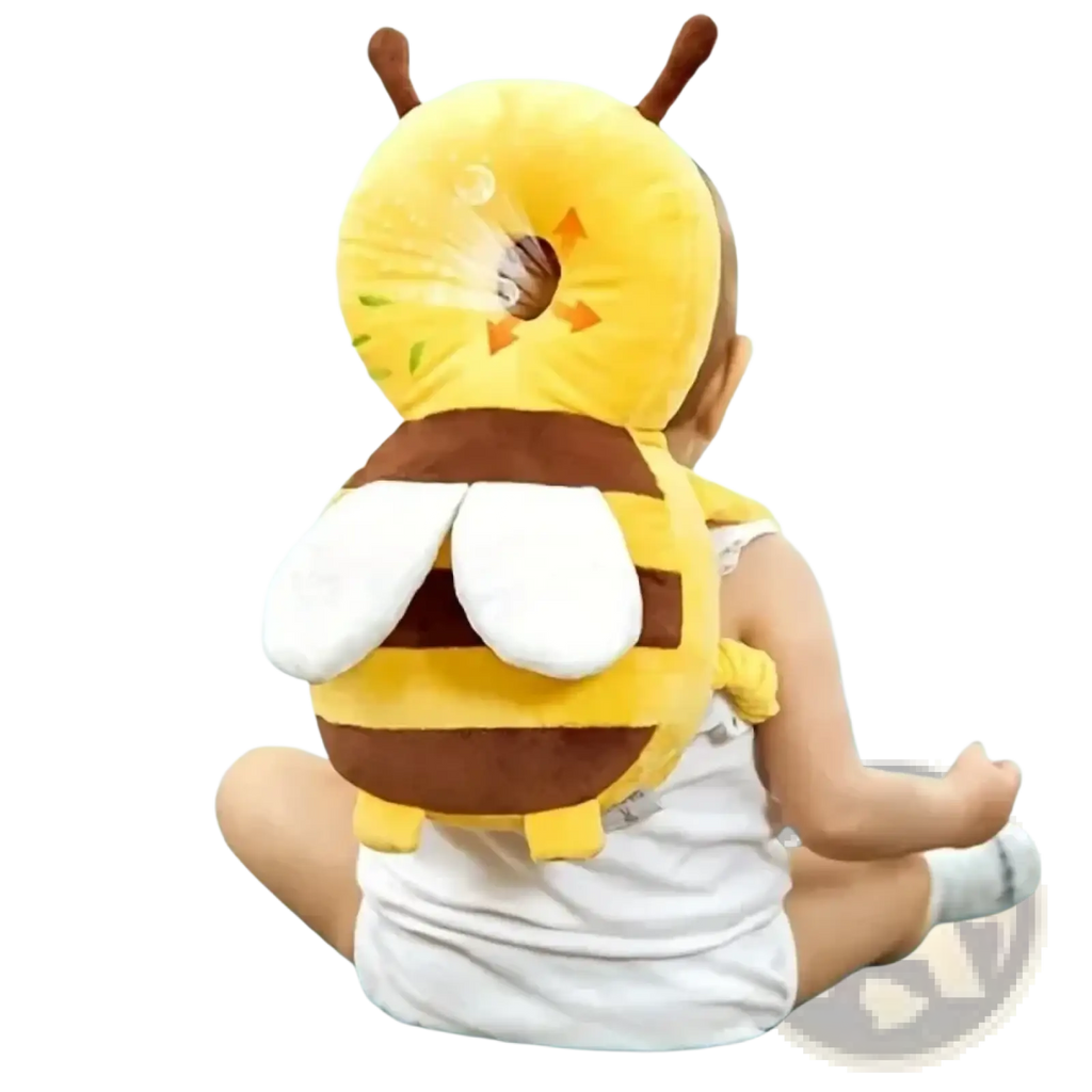 Yellow and brown plush bee-shaped baby head support with white wings designed as an anti fall safety pillow