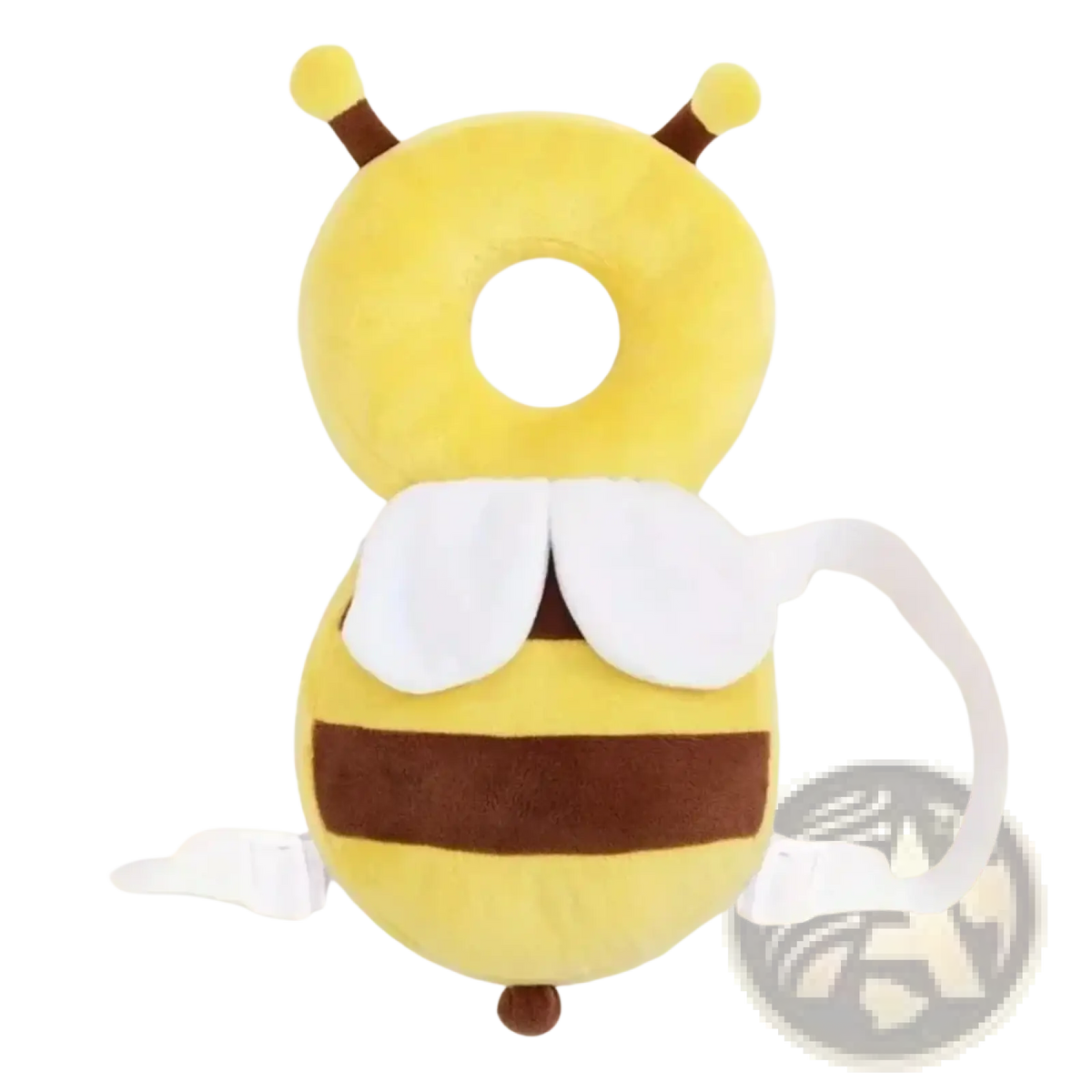 Yellow and brown plush bee-shaped baby head protector cushion with white wings and adjustable straps for anti fall safety