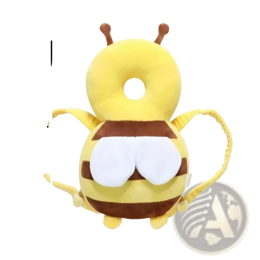 Yellow and brown plush bee-shaped baby head protector backpack with white wing accents for anti fall safety
