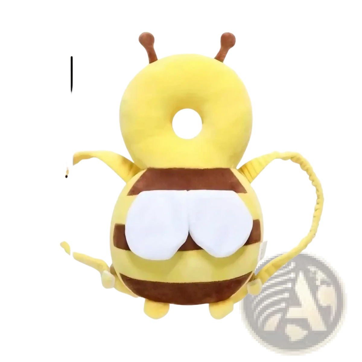 Yellow and brown plush bee-shaped baby head protector backpack with white wing accents for anti fall safety