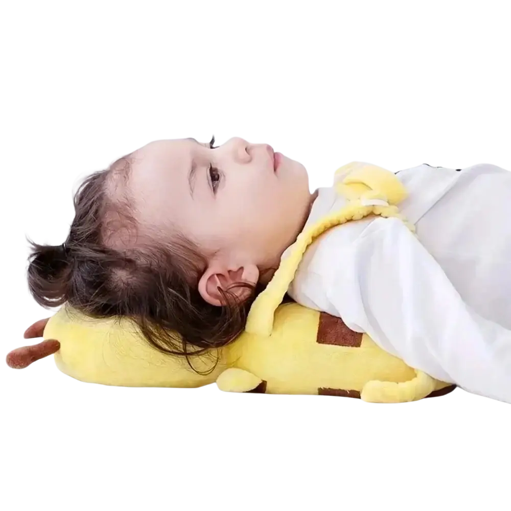 Yellow giraffe-shaped plush neck pillow with brown spots made of soft fabric for baby head protector bee backpack safety use