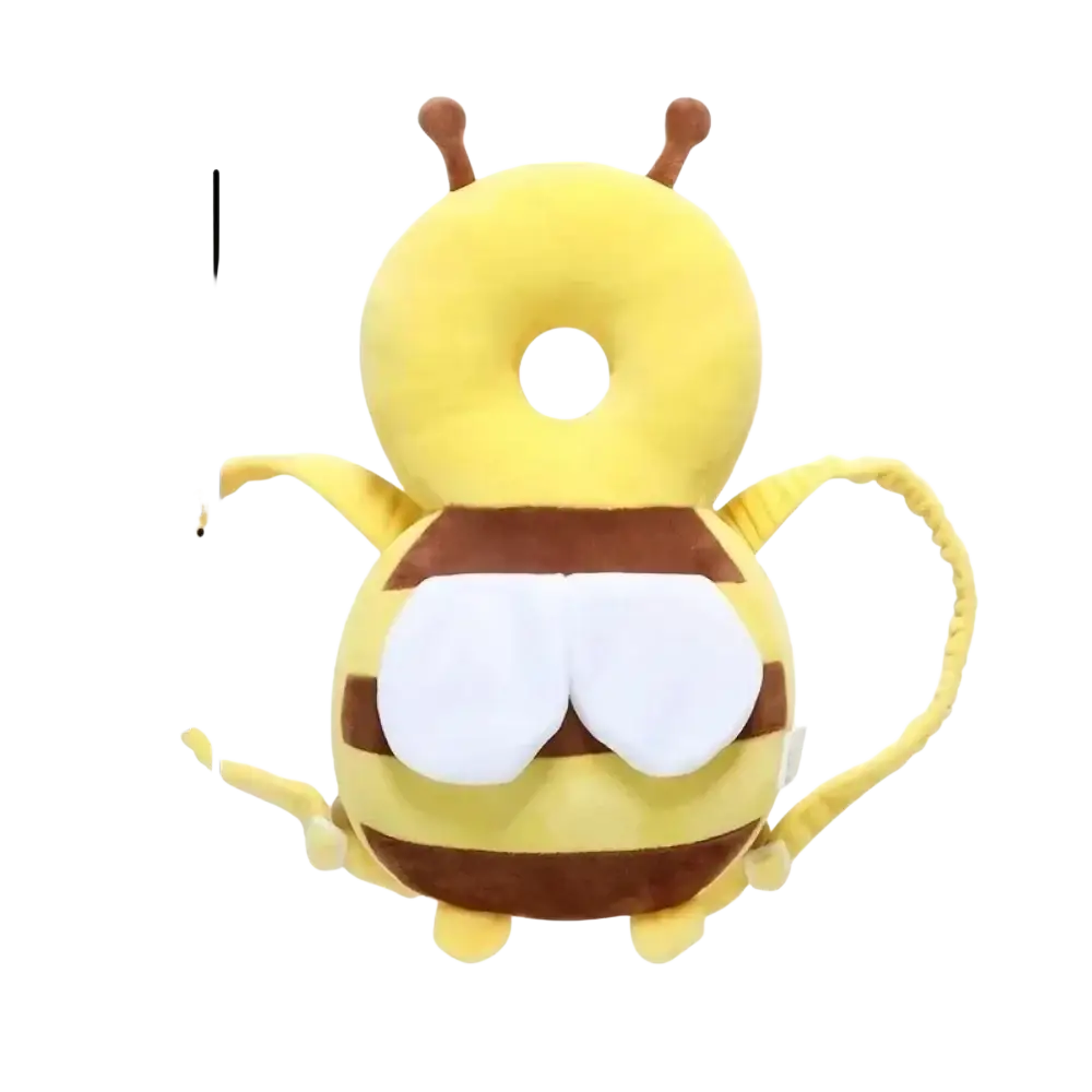 Yellow and brown plush bee-shaped baby head protector backpack with white wing accents for anti fall safety