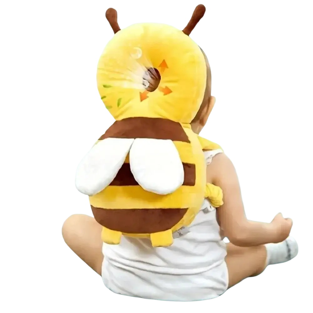 Yellow and brown plush bee-shaped baby head support with white wings designed as an anti fall safety pillow