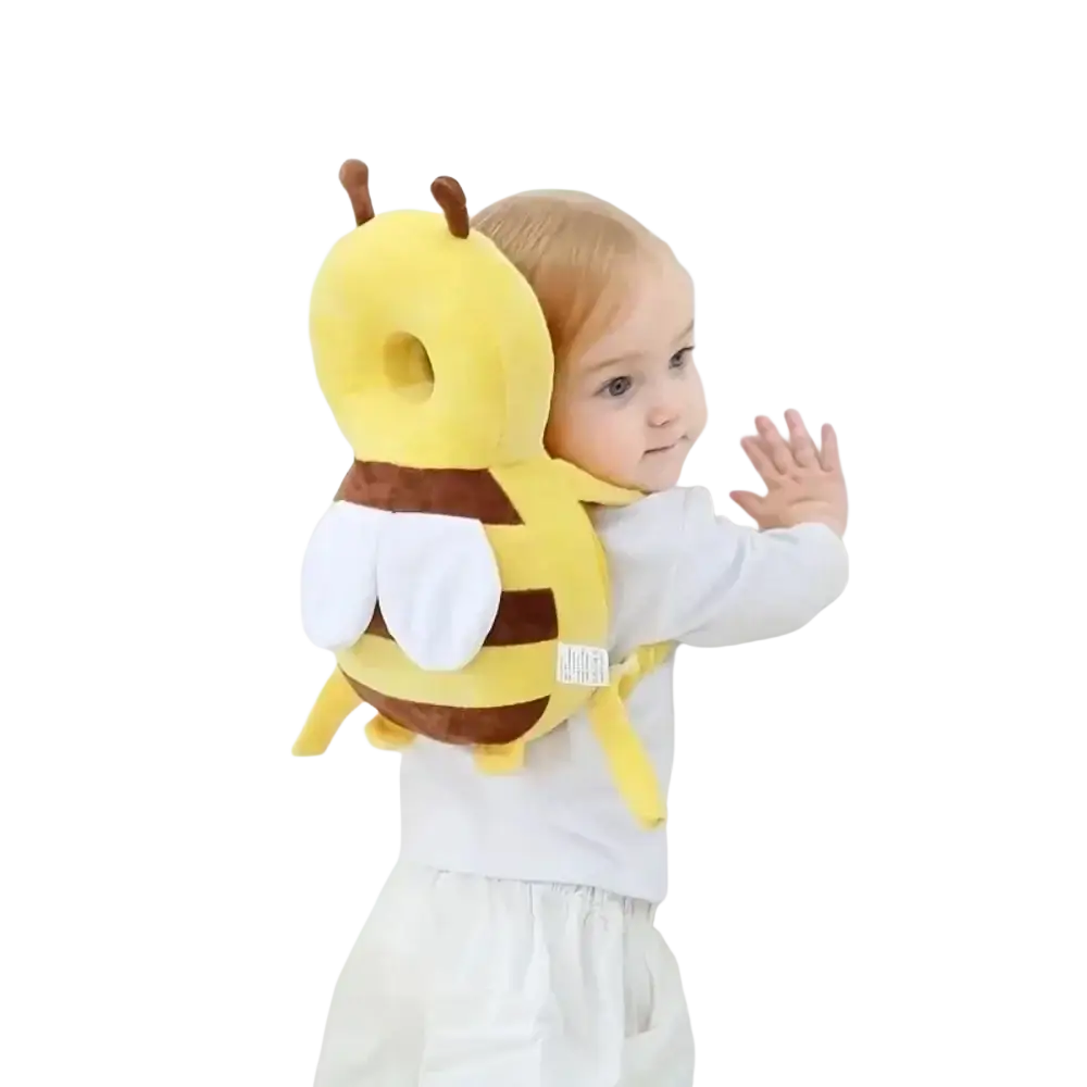 Yellow and brown plush bee-shaped baby head protector backpack with white wings for anti fall safety back support