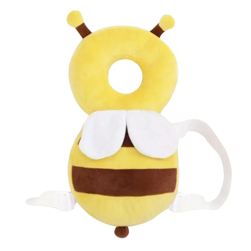 Yellow and brown plush bee-shaped baby head protector cushion with white wings and adjustable straps for anti fall safety