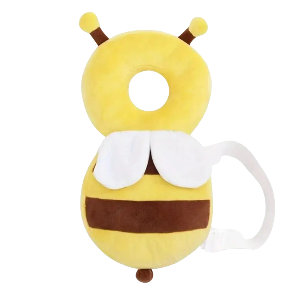 Yellow and brown plush bee-shaped baby head protector safety pillow with white wings for fall prevention