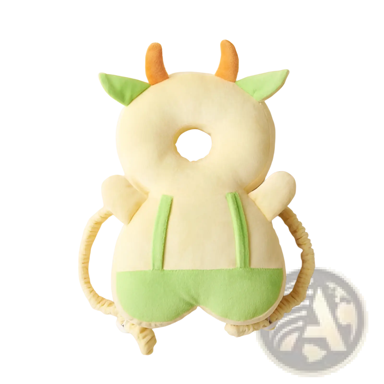 Cream-colored plush dinosaur baby head protector with green ears horns and belly patch for toddler fall protection