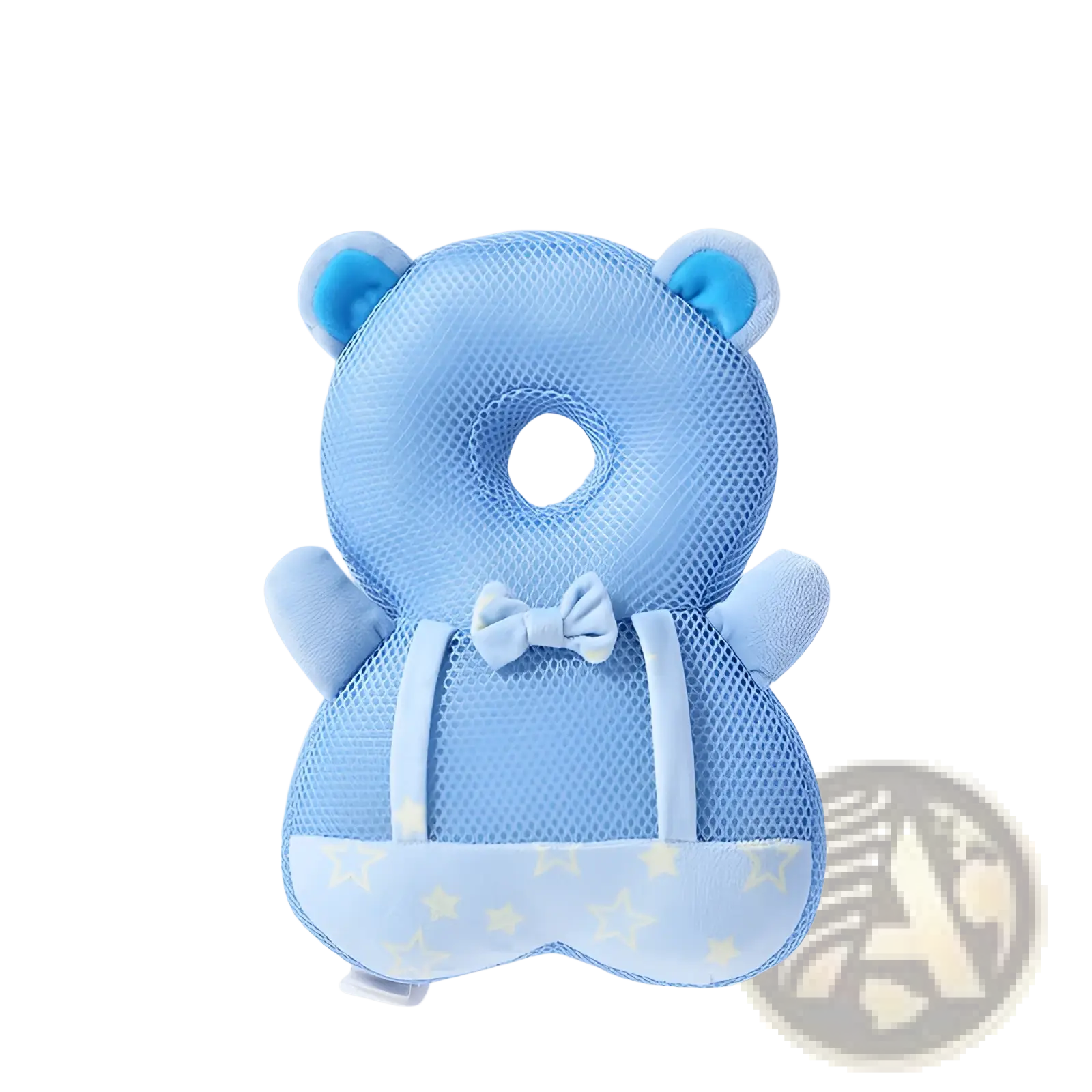Light blue mesh baby head protector pillow shaped like a bear with soft fabric ears arms and bow tie for fall protection