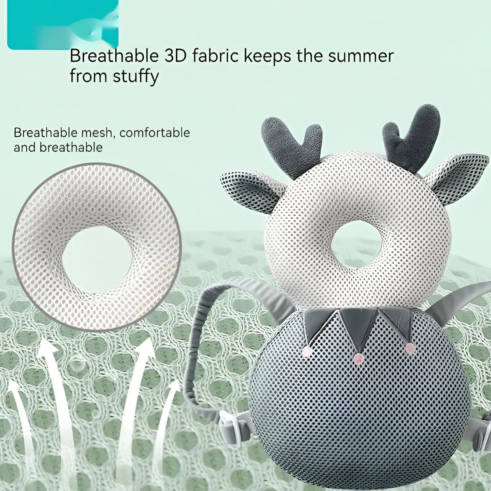 Gray and white deer-shaped baby head protector toddler fall protection pillow made of breathable 3d mesh fabric