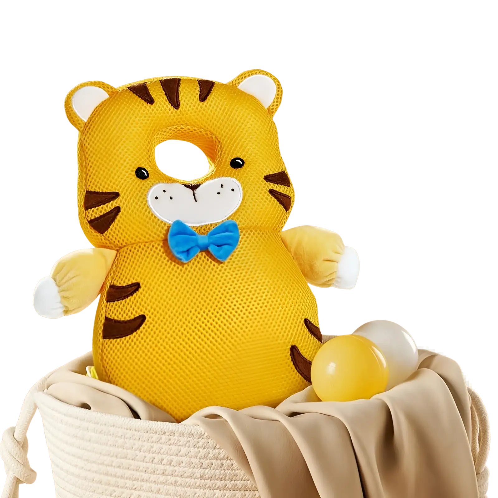 Baby head protector toddler fall protection pillow in yellow mesh tiger shape with brown stripes white accents and blue bow tie