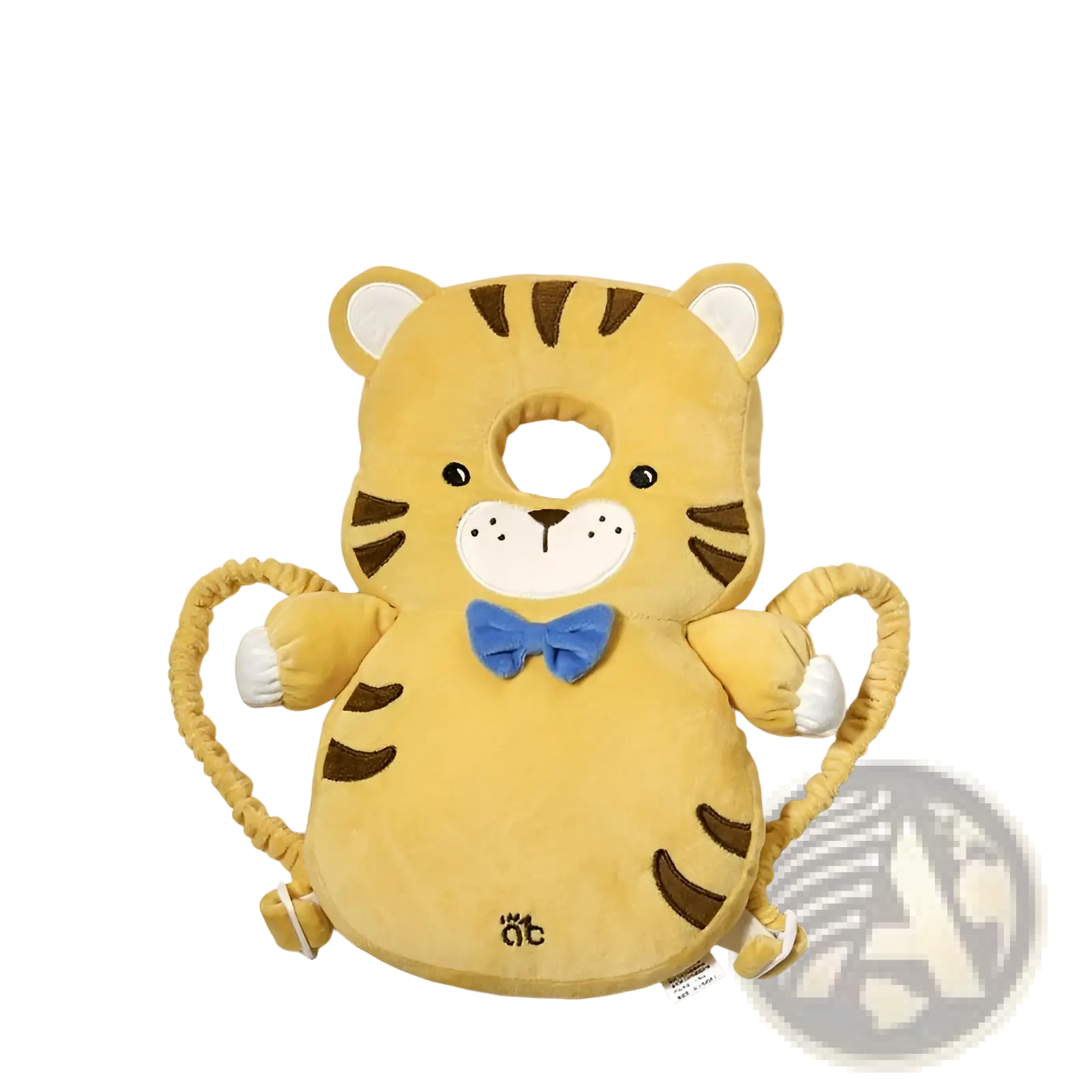 Orange plush tiger-shaped baby head protector with brown stripes white accents blue bow tie and elastic straps for fall protection