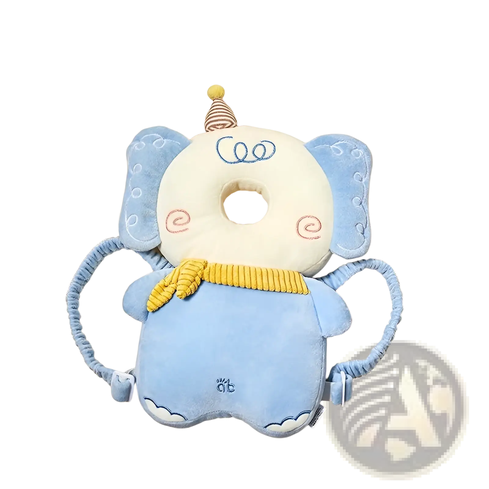 Baby head protector toddler fall protection pillow shaped like a cream elephant with light blue ears and yellow corduroy scarf