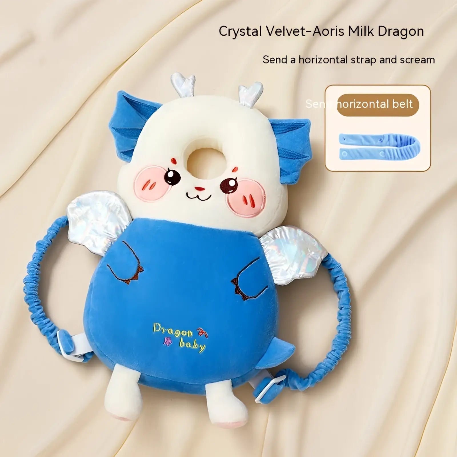 Cute blue and white plush milk dragon baby head protector with embroidered wings horns and legs for toddler fall protection