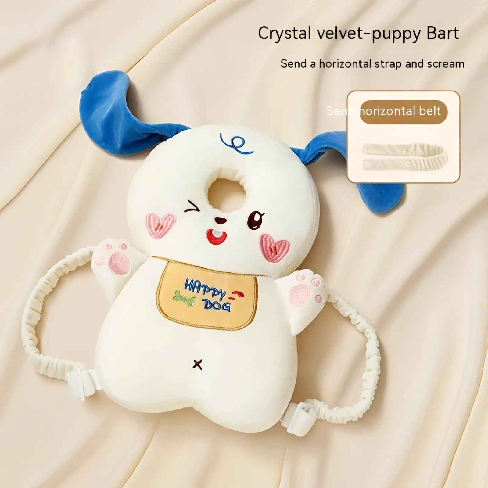 Baby head protector toddler fall protection pillow shaped like a cute white velvet puppy with blue ears and pink cheeks