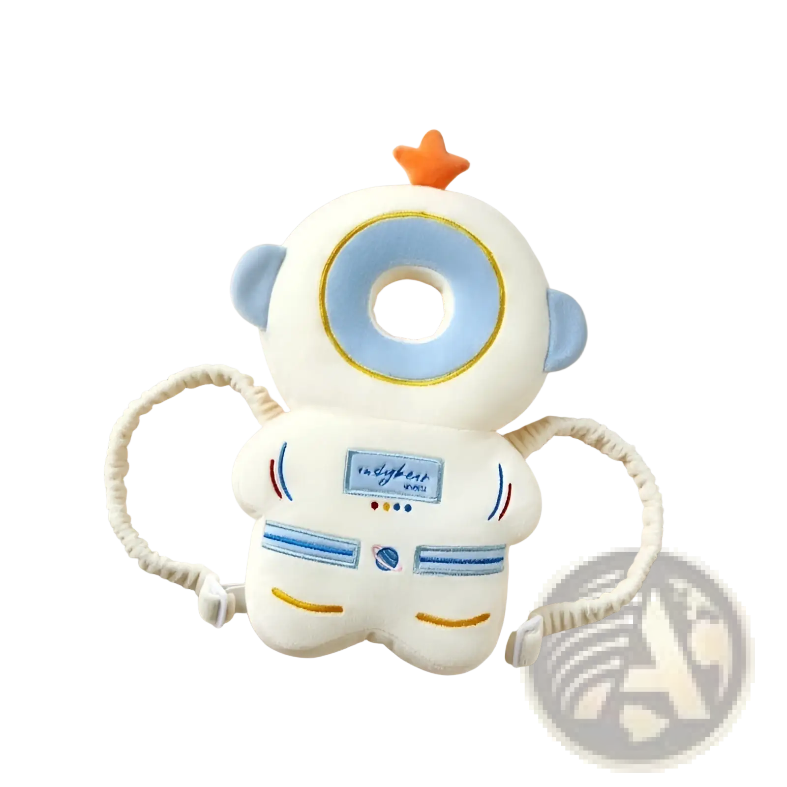 White plush astronaut-shaped baby head protector toddler fall protection pillow with blue yellow embroidery and adjustable straps