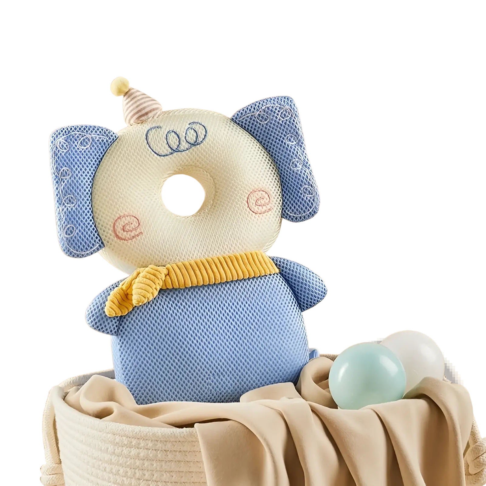 Blue mesh 3d baby elephant pillow with embroidered face and striped hat for toddler fall protection head support