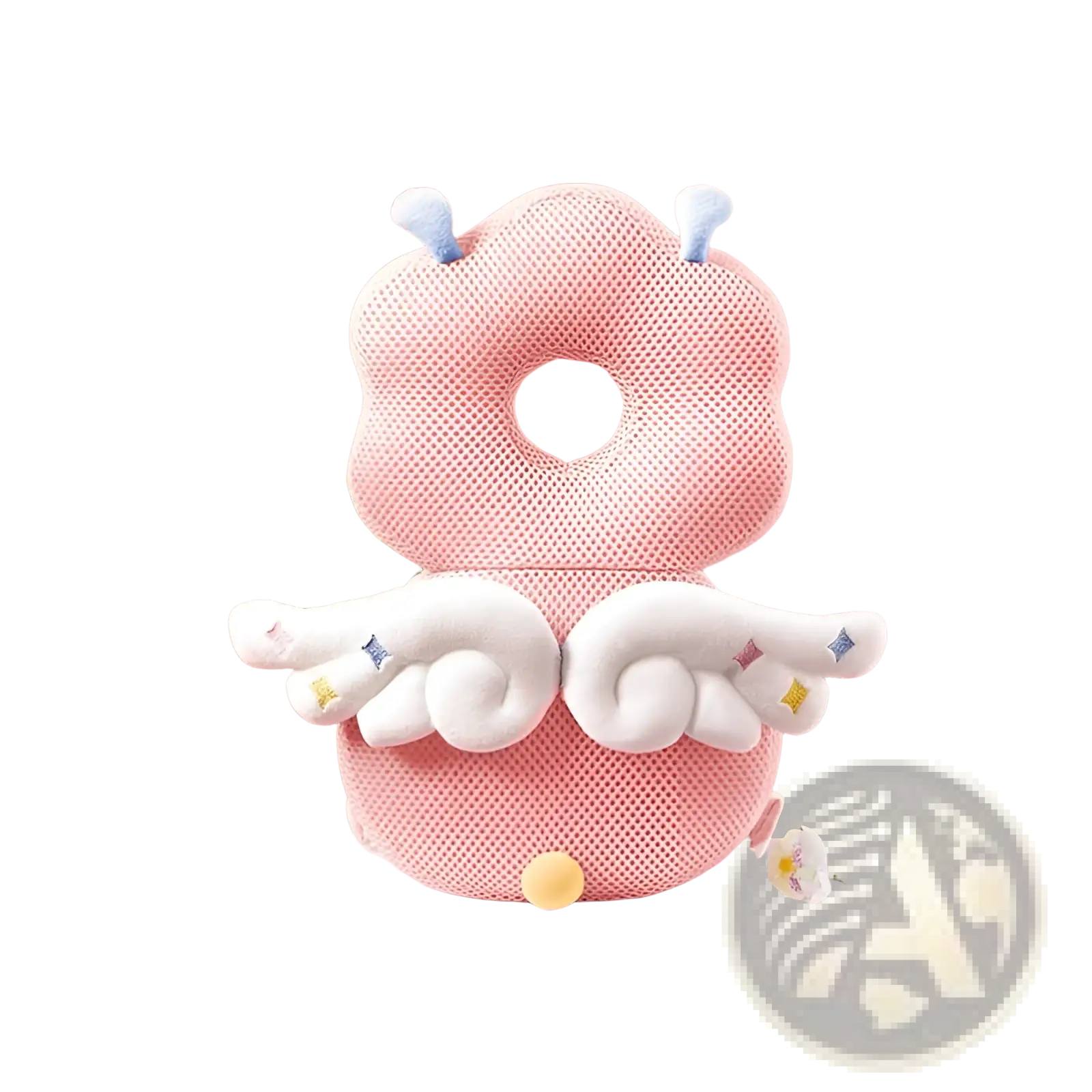 Pink mesh elf-shaped baby head protector pillow with white angel wings and blue antennae for toddler fall protection