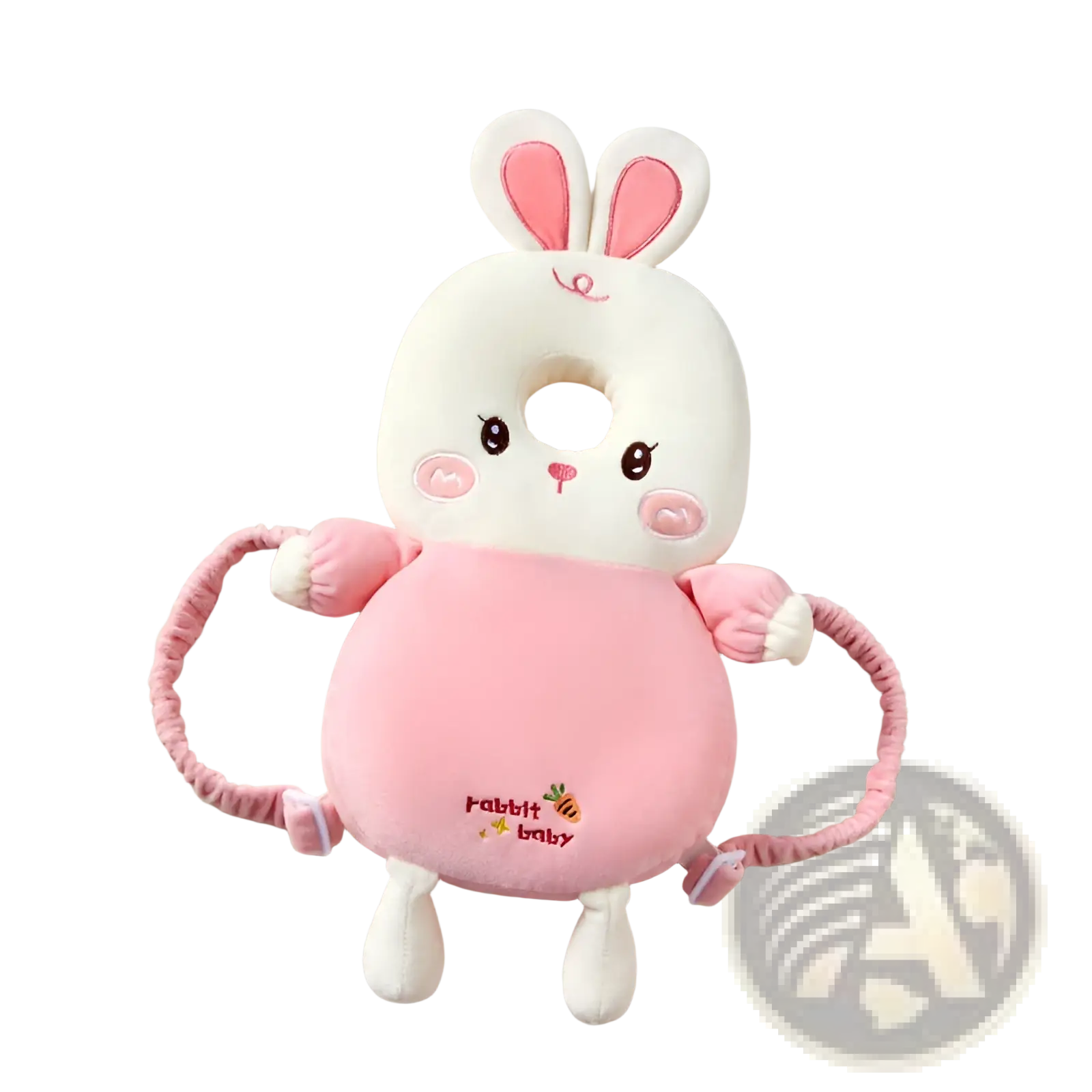 Baby head protector toddler fall protection pillow is a soft plush pink and white bunny-shaped support with adjustable straps