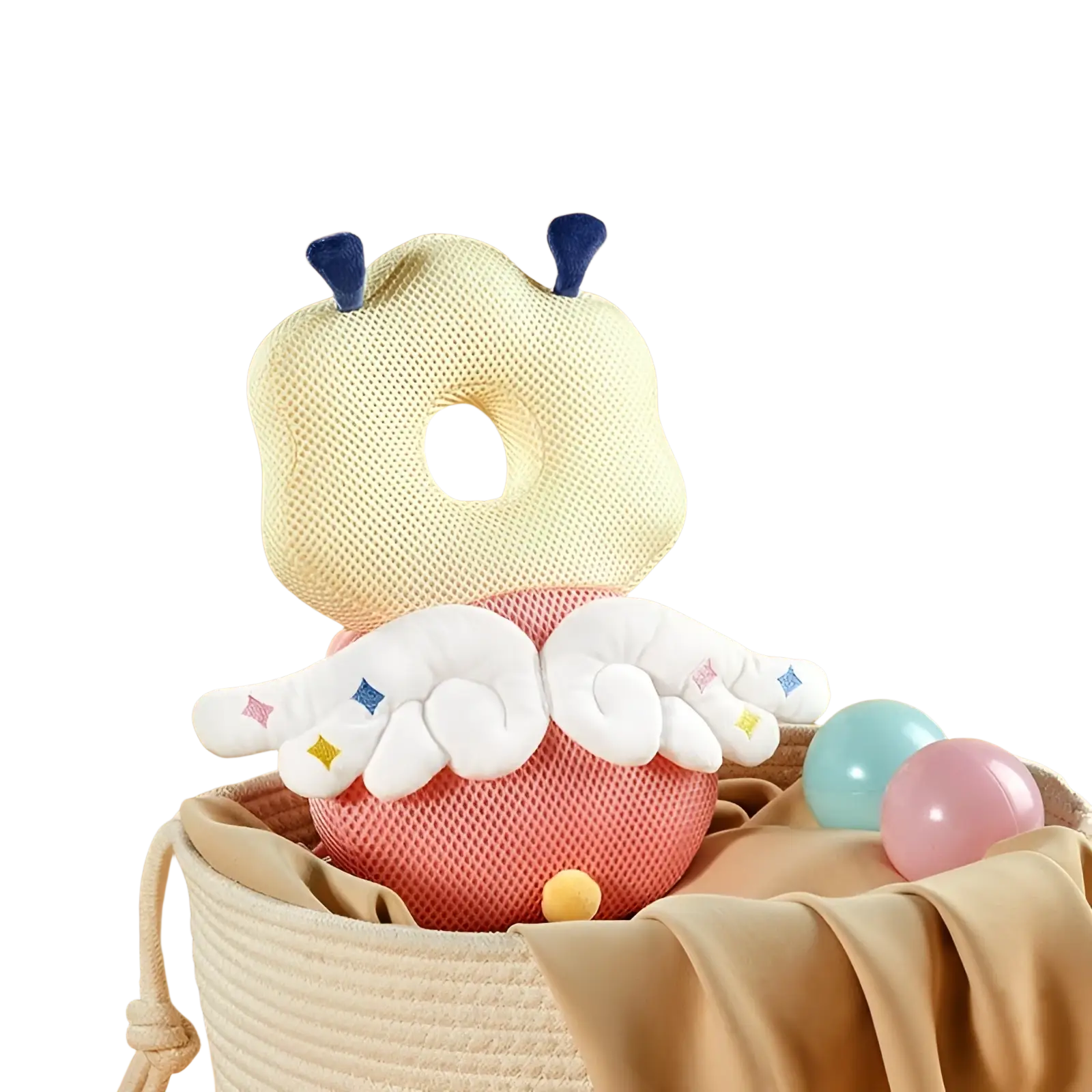 A cream-colored plush elf princess baby head protector pillow with blue antennae and colorful gem-adorned white wings