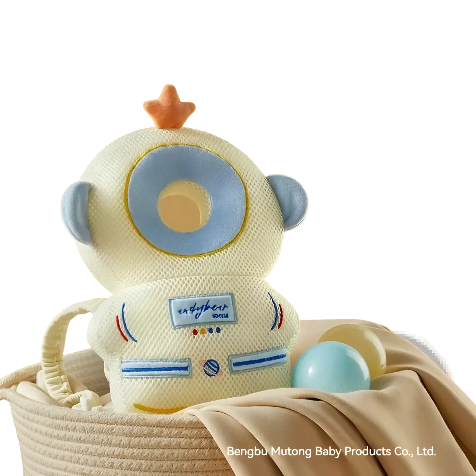 Cream-colored 3d breathable astronaut plush baby head protector pillow with blue accents and small orange star on top