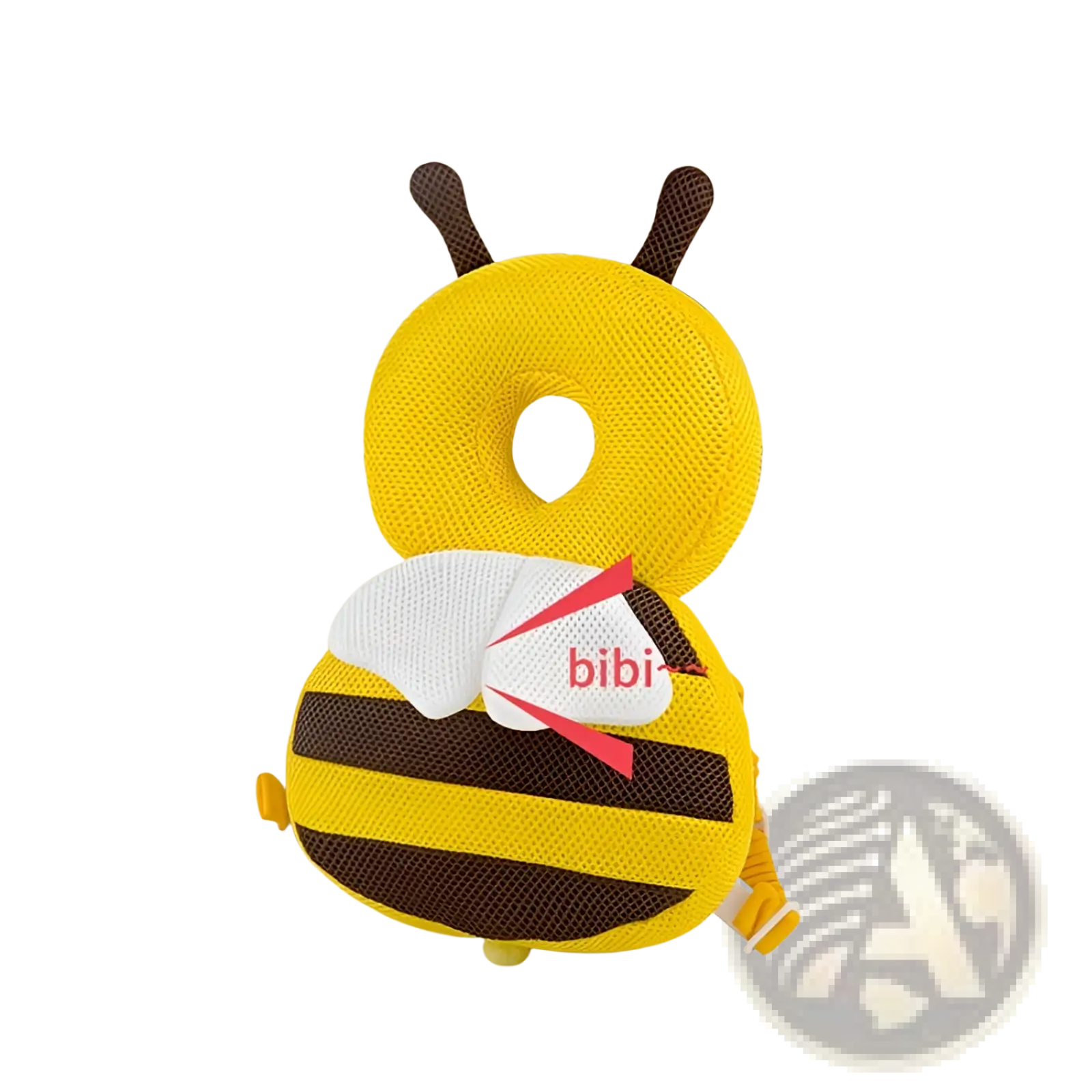 Yellow and brown mesh bee-shaped baby head protector toddler fall protection pillow with white wings shown from back side
