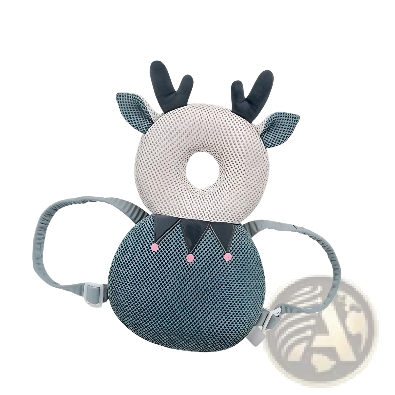A soft mesh-textured teal and beige deer-shaped baby head protector with black antlers and pink accents for fall protection