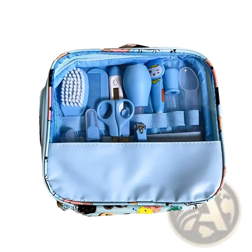 Light blue baby healthcare grooming kit 12 piece set with cartoon design and multiple tools neatly organized inside