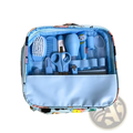 Light blue baby healthcare grooming kit 12 piece set with cartoon design and multiple tools neatly organized inside