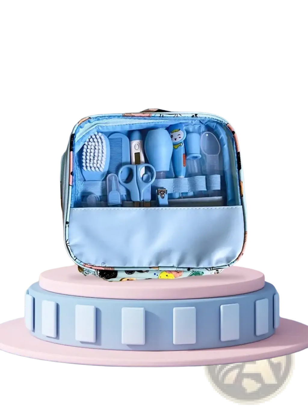 Light blue baby healthcare grooming kit 12 piece set with soft silicone and plastic tools in patterned fabric pouch